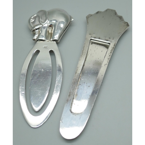 7344 - A novelty silver elephant bookmark and one other