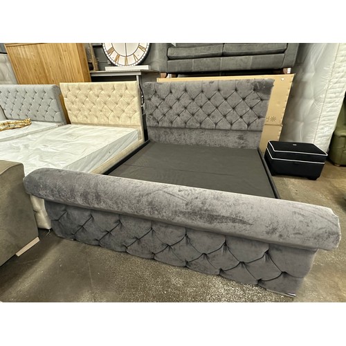 3054 - A graphite velvet and studded super king bed frame with mattress