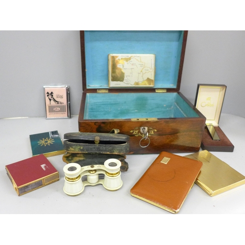 2004 - A 19th century rosewood workbox with brass and mother of pearl inlay, opera glasses, cigarette cases... 