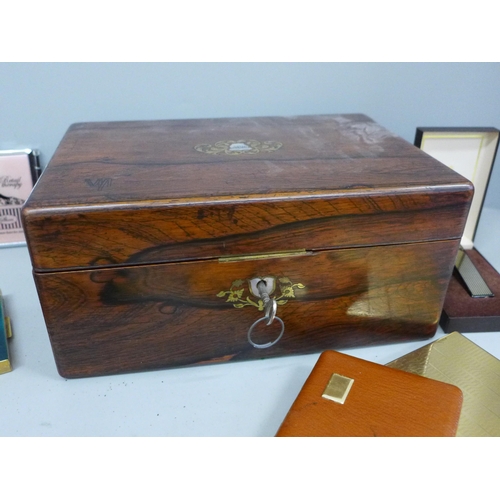 2004 - A 19th century rosewood workbox with brass and mother of pearl inlay, opera glasses, cigarette cases... 