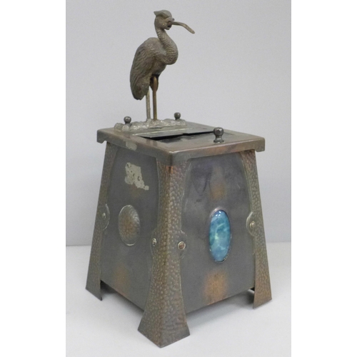 2005 - An Arts & Crafts cigar box set with a Ruskin style plaque and decorated with a heron, beak and mecha... 