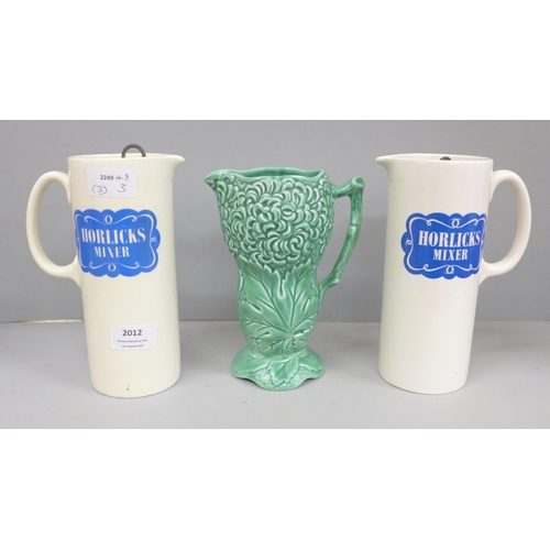 2012 - Two Horlicks mixer jugs and a Sylvac vase