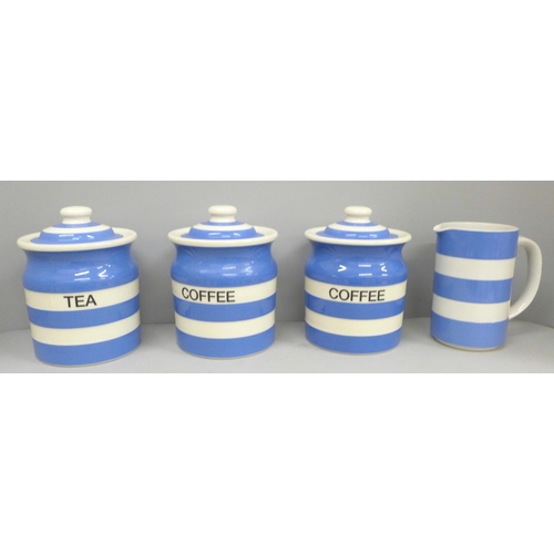 2059 - Three TG Green Cornishware storage jars and a pitcher