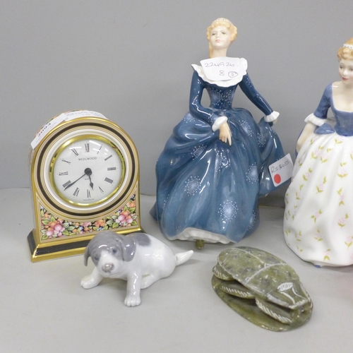 2093 - A Wedgwood Clio clock and vase, two Royal Doulton figures, two Royal Copenhagen figures and a dog, e... 