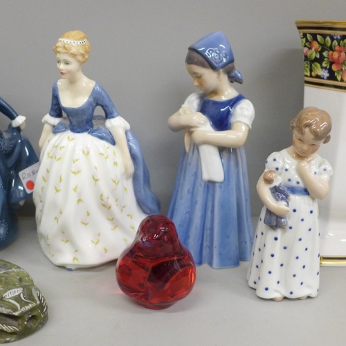 2093 - A Wedgwood Clio clock and vase, two Royal Doulton figures, two Royal Copenhagen figures and a dog, e... 