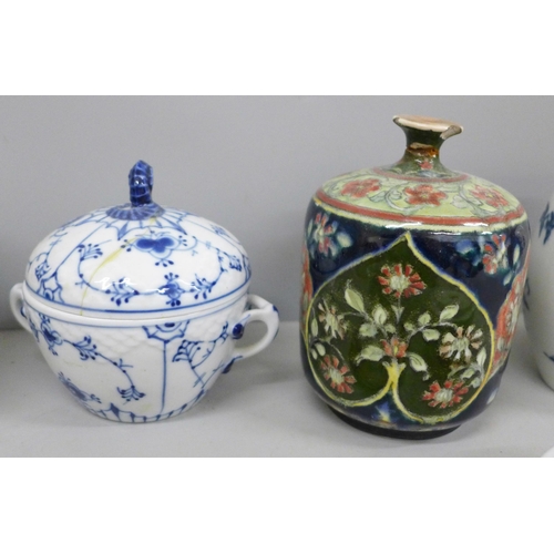 2107 - A Caughly tea canister and cover, circa 1780, C mark to base, cover a/f, a Royal Bonn Liberty Arts &... 