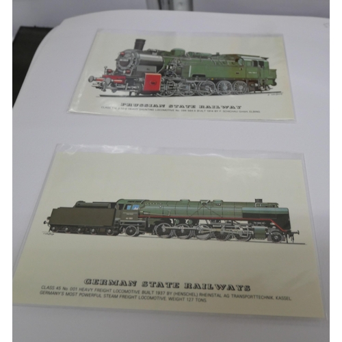 2135 - Three albums of railway locomotives, vintage cars and tram postcards, etc., in quantity