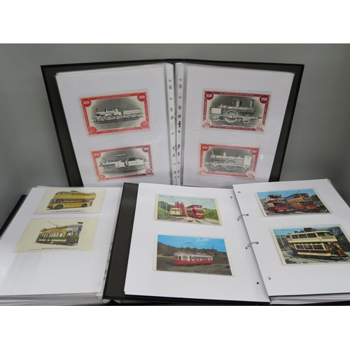 2135 - Three albums of railway locomotives, vintage cars and tram postcards, etc., in quantity