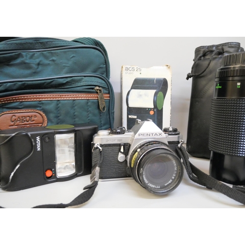 2153 - A Pentax ME Super 35mm camera with Asahi lens, one other lens, a flash and soft case