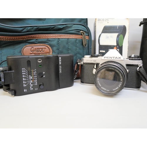 2153 - A Pentax ME Super 35mm camera with Asahi lens, one other lens, a flash and soft case