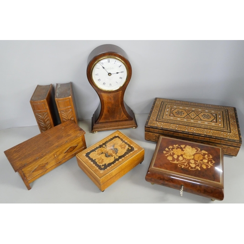 2182 - An Indian inlaid box, other wooden boxes, two carved books and clock