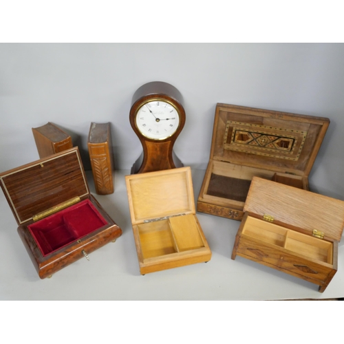 2182 - An Indian inlaid box, other wooden boxes, two carved books and clock