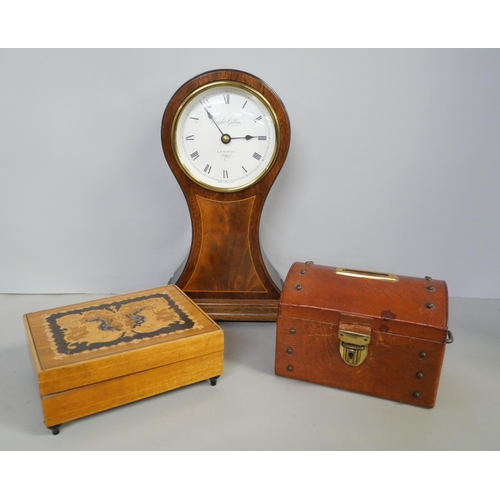 2182 - An Indian inlaid box, other wooden boxes, two carved books and clock