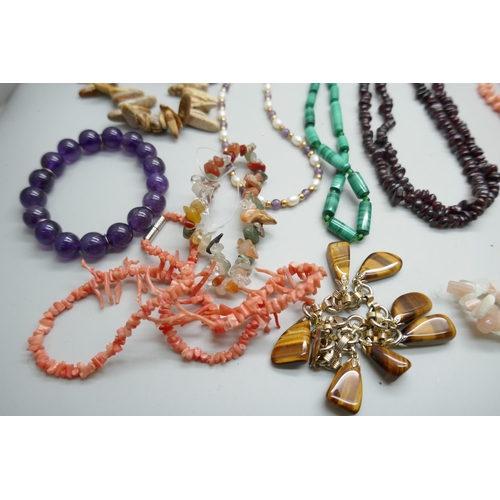 2232 - Gemstone necklaces and bracelets including garnet, coral, malachite, etc.