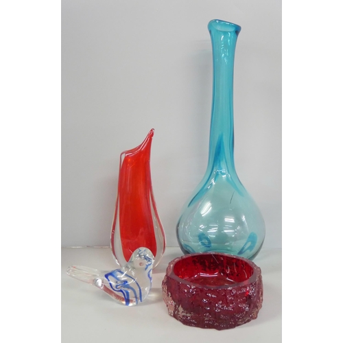 2258 - A Studio Glass vase, a Murano vase, a glass bird and a bark effect bowl (possibly Whitefriars)