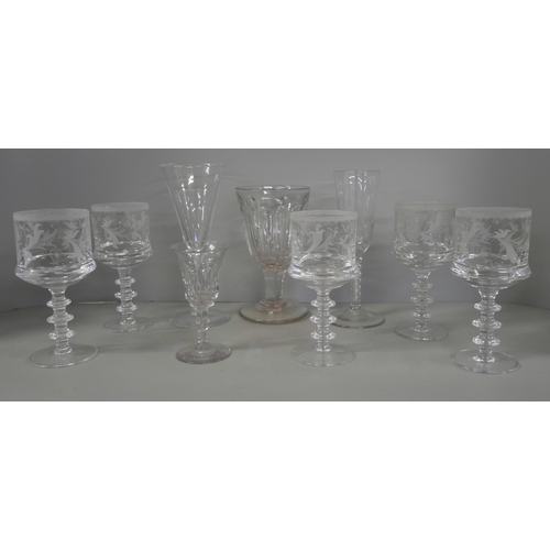 2280 - A Victorian rummer, ale glass, an air twist glass, five etched crystal glasses, one other small a/f ... 