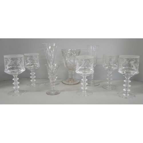 2280 - A Victorian rummer, ale glass, an air twist glass, five etched crystal glasses, one other small a/f ... 