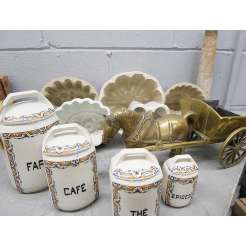 2325 - Four kitchen storage jars, five jelly moulds, brass horse and cart, etc. **PLEASE NOTE THIS LOT IS N... 