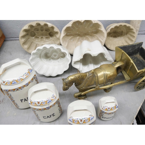 2325 - Four kitchen storage jars, five jelly moulds, brass horse and cart, etc. **PLEASE NOTE THIS LOT IS N... 