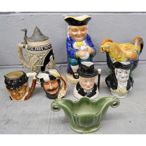 2330 - A collection of Toby jugs, an Art Deco jug, a hen tea pot, a/f, a musical tankard, etc. **PLEASE NOT... 