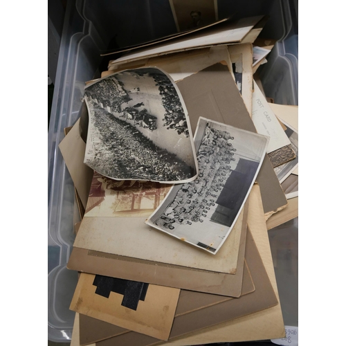 2335 - A box of Victorian and later black and white photographs, postcards, album pages and insert, etc., a... 