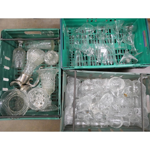 2341 - Three boxes of mixed glass including claret jug with plated top, cocktail glasses, other drinking gl... 