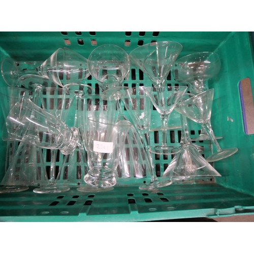 2341 - Three boxes of mixed glass including claret jug with plated top, cocktail glasses, other drinking gl... 