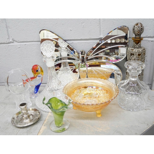 2344 - Glass including a Murano dish, a coloured glass dog figure, decanter, glasses, a butterfly mirror, c... 