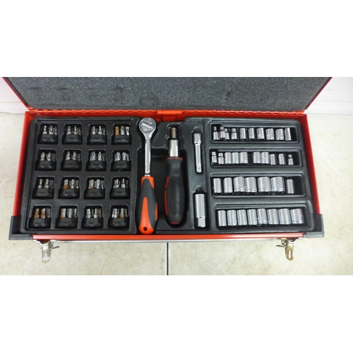 5029 - A red metal tool chest with a quantity of tools including a socket and screwdriver set with sockets ... 