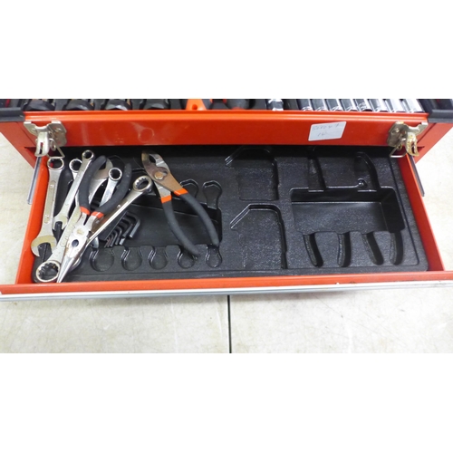 5029 - A red metal tool chest with a quantity of tools including a socket and screwdriver set with sockets ... 