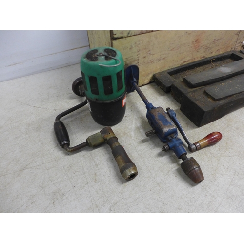 5060 - A large quantity of assorted toolboxes and tools including hand drills, sharpening stones, brace dri... 