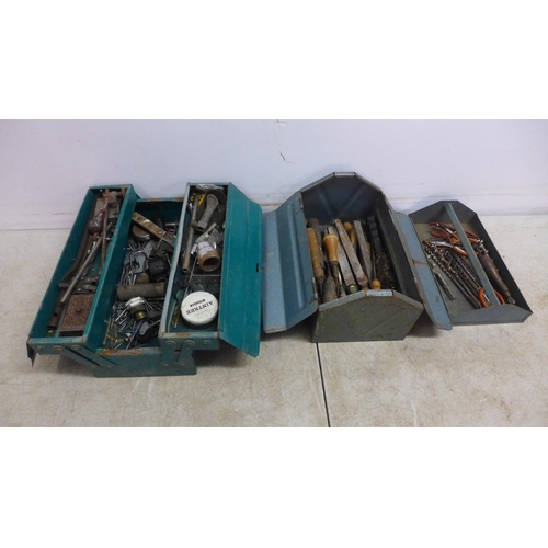 5060 - A large quantity of assorted toolboxes and tools including hand drills, sharpening stones, brace dri... 