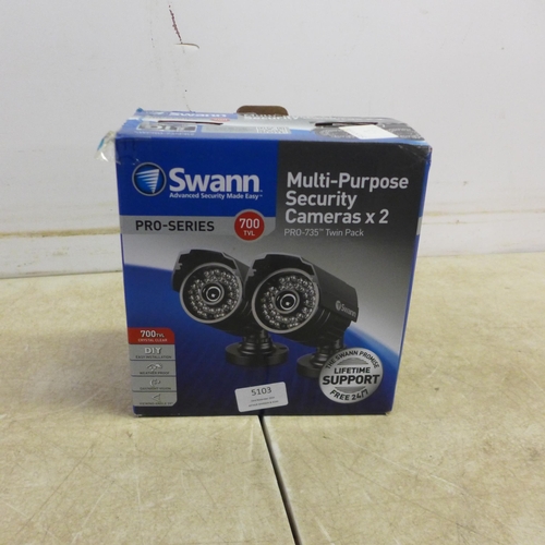 5103 - 5 assorted Swann multi purpose security cameras with cables and power supply, mixed used and unused