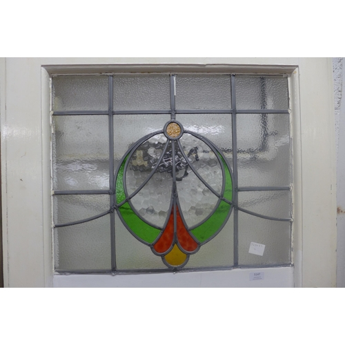 5147 - A vintage oak door, painted white with stained glass panel