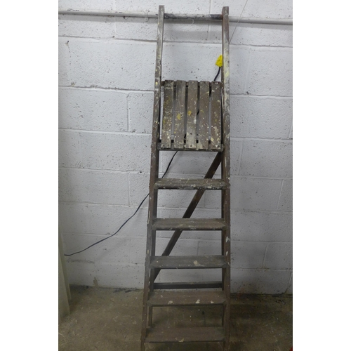 5154 - A set of wooden 6 rung step ladders, a 5 rung wooden step ladder and a set of 3 rung safety steps