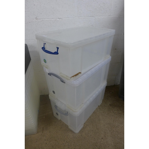 5206 - Three Really Useful storage boxes with lids (two 84L and one 65L)