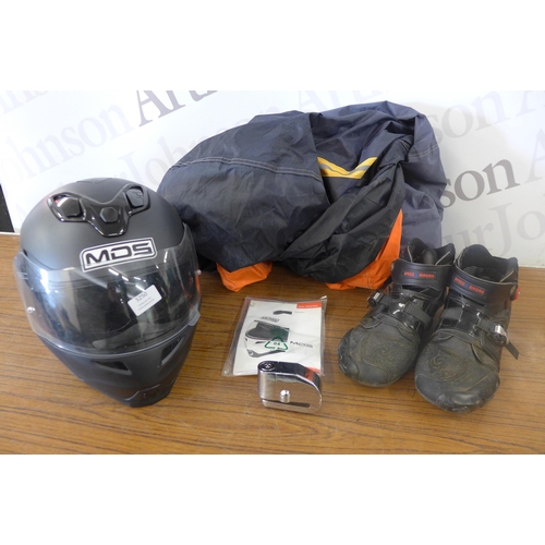 5250 - A protective motorcycle cover, an MDS motorcycle helmet, a pair of boots and a pair of gloves