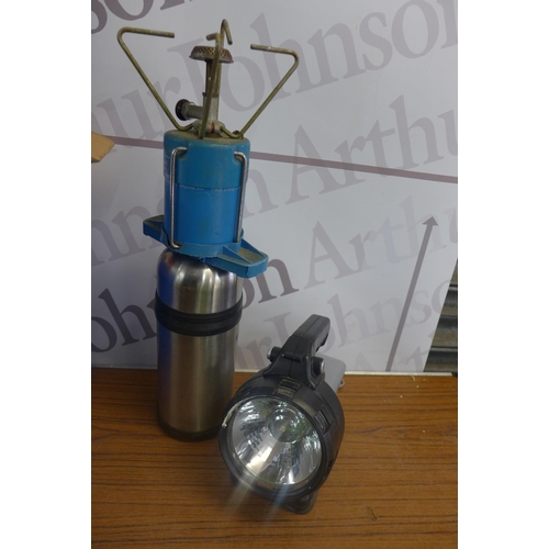 5255 - A large quantity of camping equipment including Camping Gaz butane gas lamps, a Coleman electronic c... 