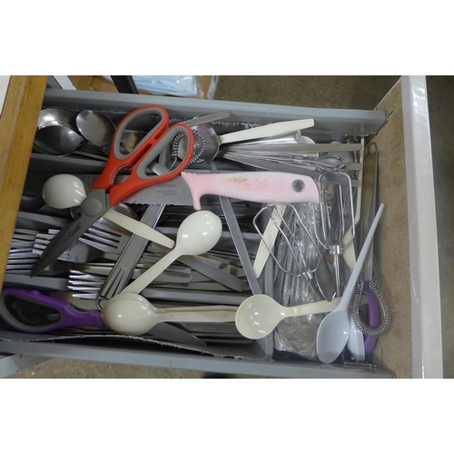 5271 - A 3 Draw unit of mainly knifes forks spoons and other kitchen items