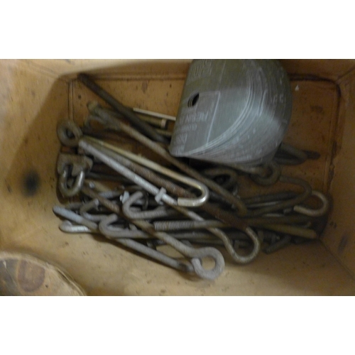 5323 - 3 boxes of sanding disks, box eye bolts, 7 lead bossing tools, a galvanized bucket of nails