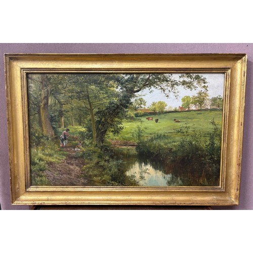 396 - Charles F. Robinson, rural landscape with figures by a stream, oil on canvas, framed