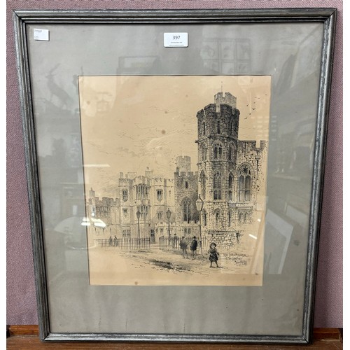 397 - Herbert Railton (1857-1910), Kings John Tower and Library, pen and ink, framed