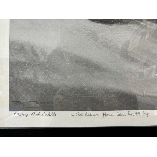 401 - A Roy Nockolds artists proof lithograph print, depicting the 1959 Monaco Grand Prix, signed by Jack ... 