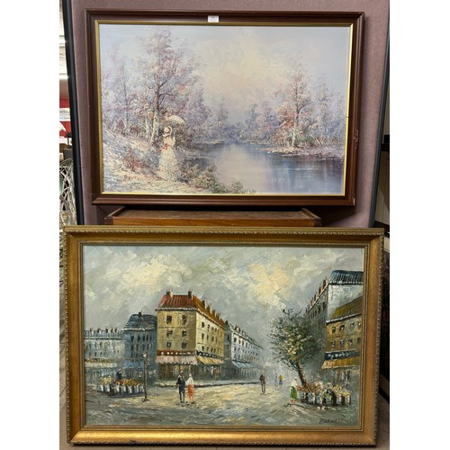 410 - A Parisian street scene and a river landscape, oil on canvas, framed