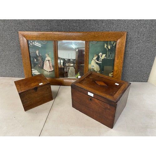 352 - Two vintage wooden boxes and oak framed tryptic mirror