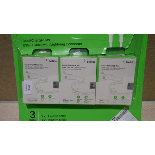 6078 - Belkin Surge Protector 8 Socket Extention Lead and Belkin Silicone Cables (345-271,611) *This lot is... 