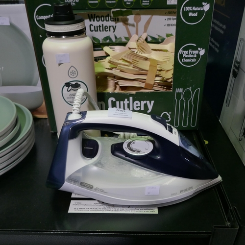 6291 - Philips Azur Steam Iron, L.T.E Wooden Cutlery and a Thermoflask (345-59,71,72,72,74,179) *This lot i... 