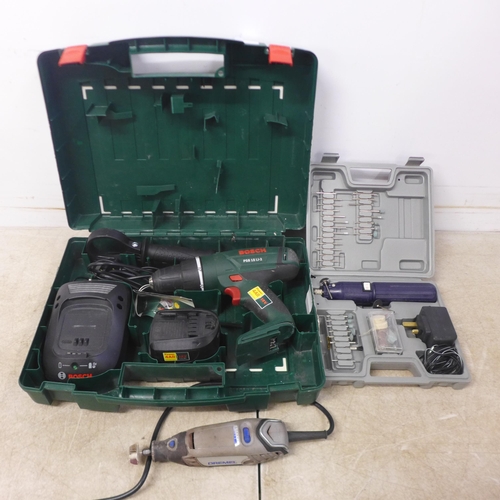 5011 - A Bosch PSB18 Li-2 cordless drill, a 60 piece rotary tool kit and a Dremel 3000 rotary tool