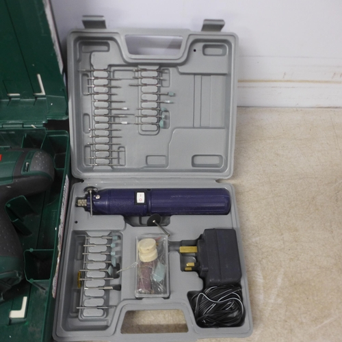 5011 - A Bosch PSB18 Li-2 cordless drill, a 60 piece rotary tool kit and a Dremel 3000 rotary tool