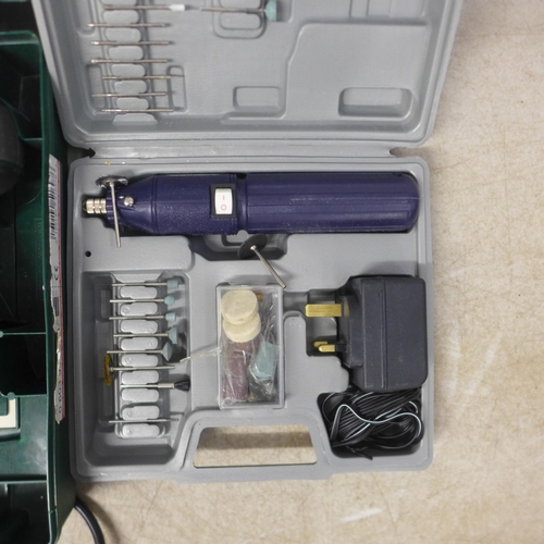 5011 - A Bosch PSB18 Li-2 cordless drill, a 60 piece rotary tool kit and a Dremel 3000 rotary tool